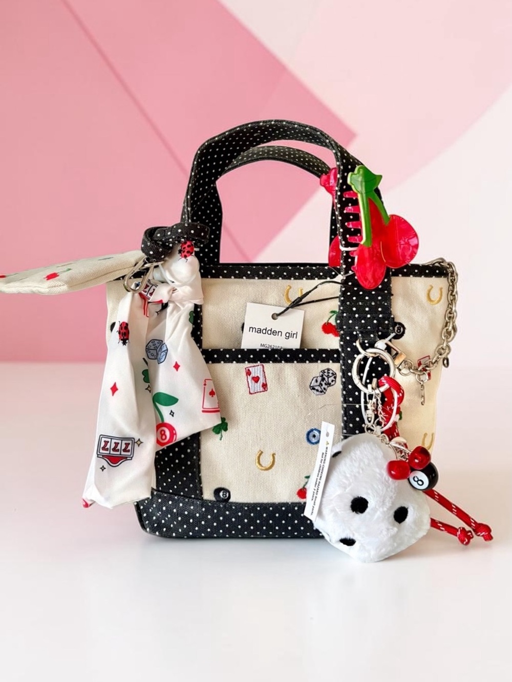 Madden Girl Canvas Tote with Polka Dot Trim, Charms, Pouch, Scarf & Hair Clip
